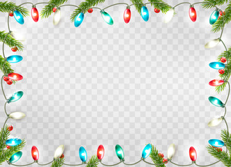 Christmas holiday decoration with branches of tree and garland on transparent background. Vector.