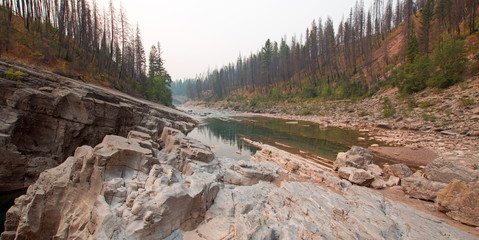 Meadow Creek Gorge on the South Fork of the Flathead River in the Bob Marshall Wilderness area during the 2017 fall fires in Montana United States