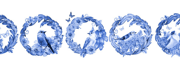 Obraz premium monochrome seamless border with floral arabesques and birds. watercolor painting