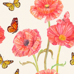 graceful seamless texture with red poppies and butterflies. watercolor painting