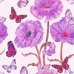 fantasy seamless texture with lilac poppies and butterflies. watercolor painting