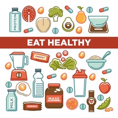 Fitness food poster of sports healthy diet food nutrition icons.