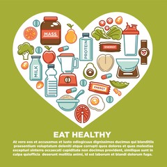 Fitness healthy food heart poster of sport diet food nutrition and dietary supplement icons.