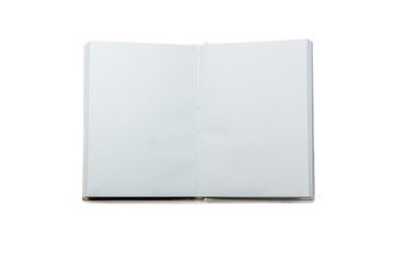 Open white book on white background.