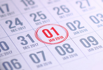 Close up of first day of the year 2018 on diary calendar.