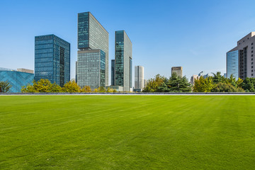 Fototapeta na wymiar modern cityscape and skyline from meadow in park