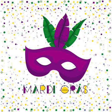 mardi gras poster with purple carnival mask and colorful feathers with confetti background vector illustration