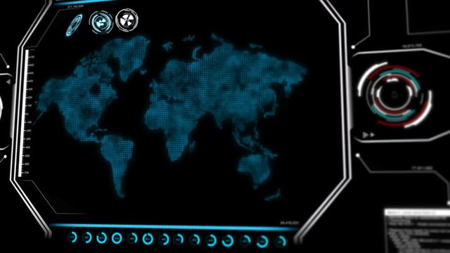 4K Animation UI User Interface with world map data HUD pi bar text box table and element on dark abstract background for futuristic technology concept