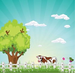 Obraz na płótnie Canvas Cow in the meadow - cartoon landscape illustration.