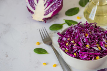 Fresh red cabbage salad with corn. Vegeterian and diet food. Space for text
