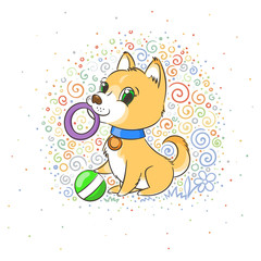 Happy golden cartoon puppy. Cute little dog wearing collar.