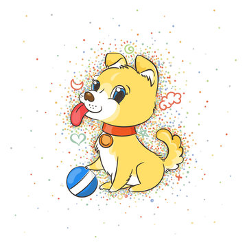 Happy golden cartoon puppy. Cute little dog wearing collar.