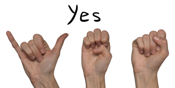 A word of yes shown by hands on an alphabet for the deaf mute on a white background