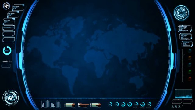 4K Animation UI User Interface with world map data HUD pi bar text box table and element on dark abstract background for futuristic technology concept