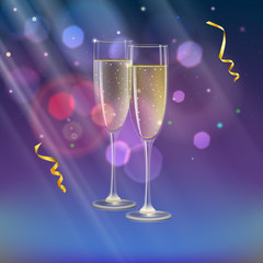 Glasses of champagne and streamer with rays of light. Champagne with bubbles in a wineglass with place for your text, 3D illustration