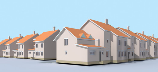 Low-rise buildings. Streets and houses, townhouse, illustration three d