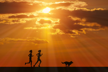 Obraz premium 犬と女性に富士山と朝日