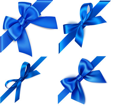 Set of decorative blue bows with diagonally blue ribbon on the corner isolated on white. Winter holiday or Fathers Day design elements. Vector illustration