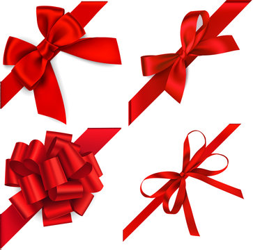 Vector set of red bow with diagonaly ribbon on the corner for gift decor