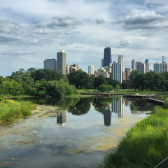 Chicago skyline reflected from a pond in a park