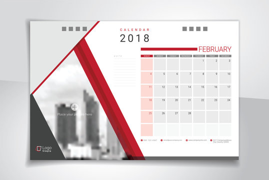 2018 February desk or table calendar, weeks start on Sunday