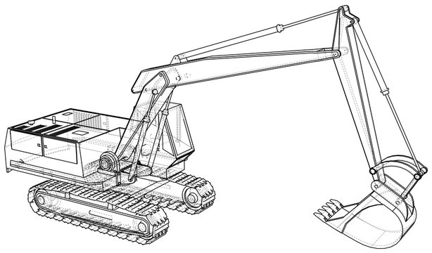 Excavator. Wire-frame. EPS10 format. Vector rendering of 3d