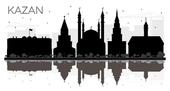 Kazan Russia City skyline black and white silhouette with Reflections.
