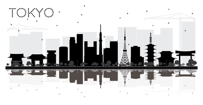 Tokyo Japan City skyline black and white silhouette with Reflections.