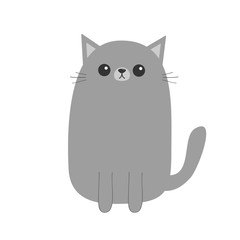 Gray cat kitten. Cute cartoon character. Kawaii animal. Funny face with eyes, moustaches, nose, ears. Love Greeting card. Flat design. White background. Isolated.