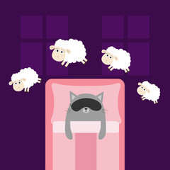 Cute gray cat sleeping mask. Jumping sheeps. Cant sleep going to bed concept. Counting sheep. Animal set. Blanket pillow room two windows. Baby collection. Flat design. Violet background.