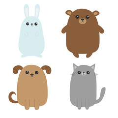 Cartoon dog, cat, bear grizzly, rabbit hare icon. Puppy Kitten. Kawaii pet forest animal. Mustache whisker tail. Funny smiling character set. Flat design. White background. Isolated.