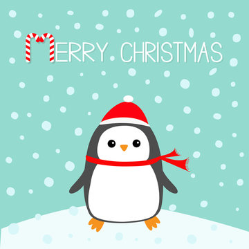 Merry Christmas Candy cane text. Kawaii Penguin bird on snowdrift. Red Santa Claus hat, scarf. Cute cartoon baby character. Flat design Winter blue background with snow flake. Greeting card.