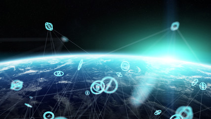 Connections system and datas exchanges on planet Earth 3D rendering