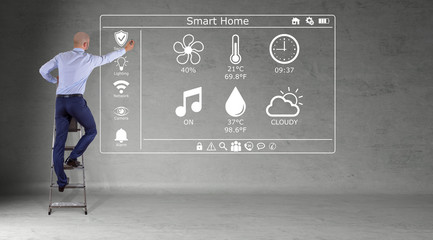 Businessman using smarthome interface on a wall 3D rendering