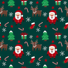 Merry Christmas seamless pattern with Santa Claus, deers, snowflakes, stars, christmas trees and candies  in vector. Seamless pattern can be used for wallpapers, pattern fills, web page backgrounds.