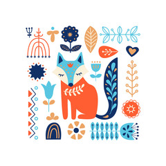 Nordic ornaments, folk art pattern. Scandinavian style. Fox and forest flowers. Vector illustration.