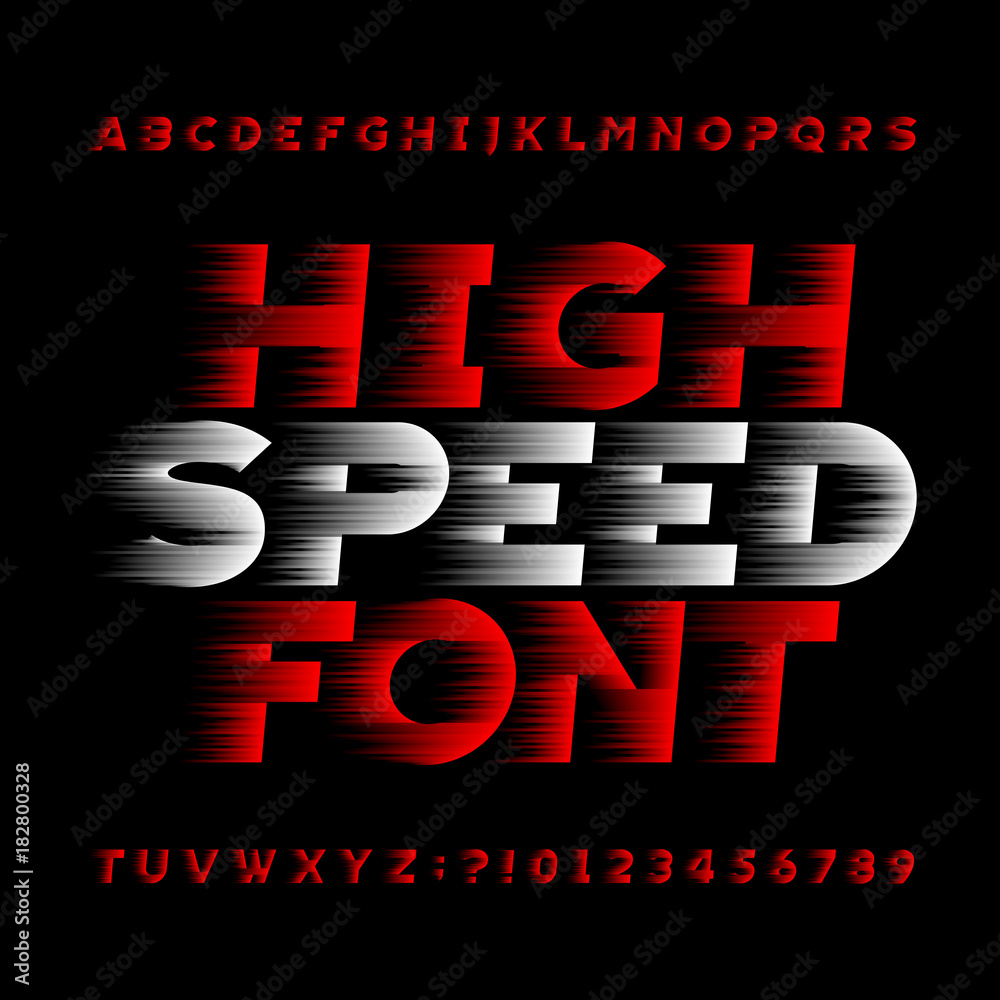 Fototapete high speed alphabet vector font. wind effect type letters and numbers on a black background. stock v