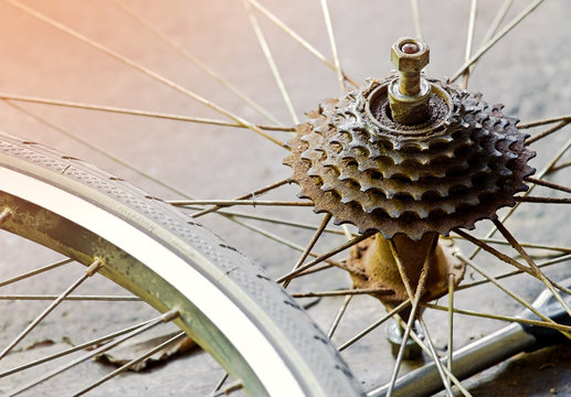 Close Up Of A Very Dirty Bicycle Of Rear Sprocket Wheel And Hub