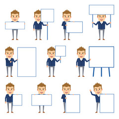 Set of funny businessman characters posing with diverse blank signboards. Cheerful man holding paper, banner, placard, pointing to whiteboard. Flat style vector illustration