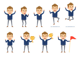 Set of funny businessman characters showing different success poses. Cheerful man celebrating, jumping, holding winners cup and showing other actions. Flat style vector illustration