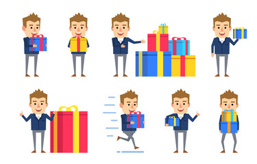 Set of funny businessman characters posing with different gift boxes. Cheerful man holding present, celebrating birhtday, running and showing other actions. Flat style vector illustration