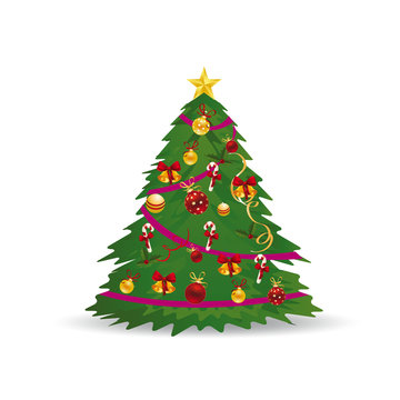Christmas tree with toys, beautifully decorated, cartoon on white background,