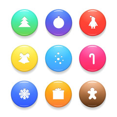 Set of Christmas Vector Badges Isolated on White Background. Colorful Glossy Badge Button Icons. Realistic Vector Illustration.