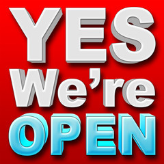 Stock Illustration - White YES We&rsquo;re Bright Blue OPEN, 3D Illustration, Red Background.