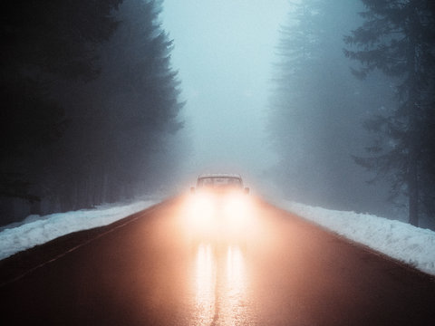 Auto frontal auf einer Waldstra&szlig;e mit starkem Nebel bei eingeschalteten Scheinwerfern