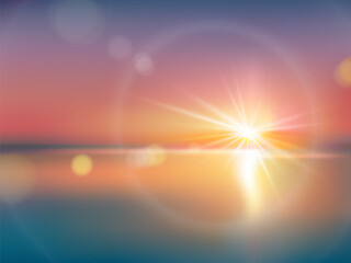 Obraz premium Naturalne tło z jasnym światłem słonecznym, efekt świetlny, flara, realistyczna ilustracja wektorowa. Horyzont z błyskiem słonecznym ze złotymi promieniami podczas wschodu lub zachodu słońca