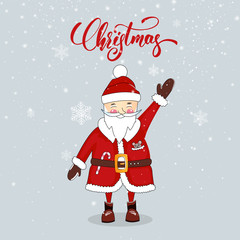 Santa Claus. Winter holidays cartoon character and Christmas script lettering.