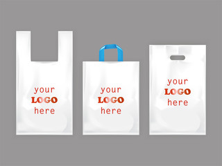 White plastic shopping bags, disposable T-shirt bag packaging, set vector realistic illustrations isolated on gray background. Mock up, template ready for brand design