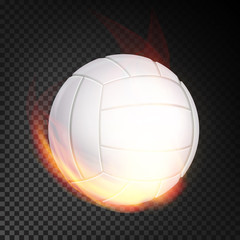 Volleyball Ball In Fire Vector Realistic. Burning Volley Ball. Transparent Background