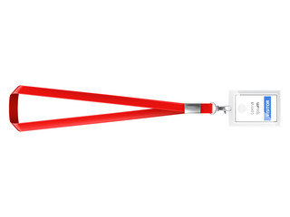 White blank plastic id card, identification badge with red lanyard and metal clasp, realistic isolated vector illustration. Mo k up media pass to the press conference, presentation